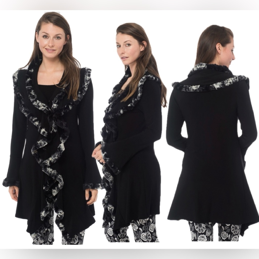 Joseph Ribkoff black ruffle faux fur trim duster cardigan Sz 6 open front